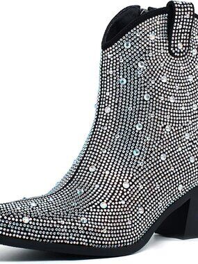 Women's Rhinestone Boots Glitter Chunky Heel Sparkly Cowgirl Ankle Boots Black